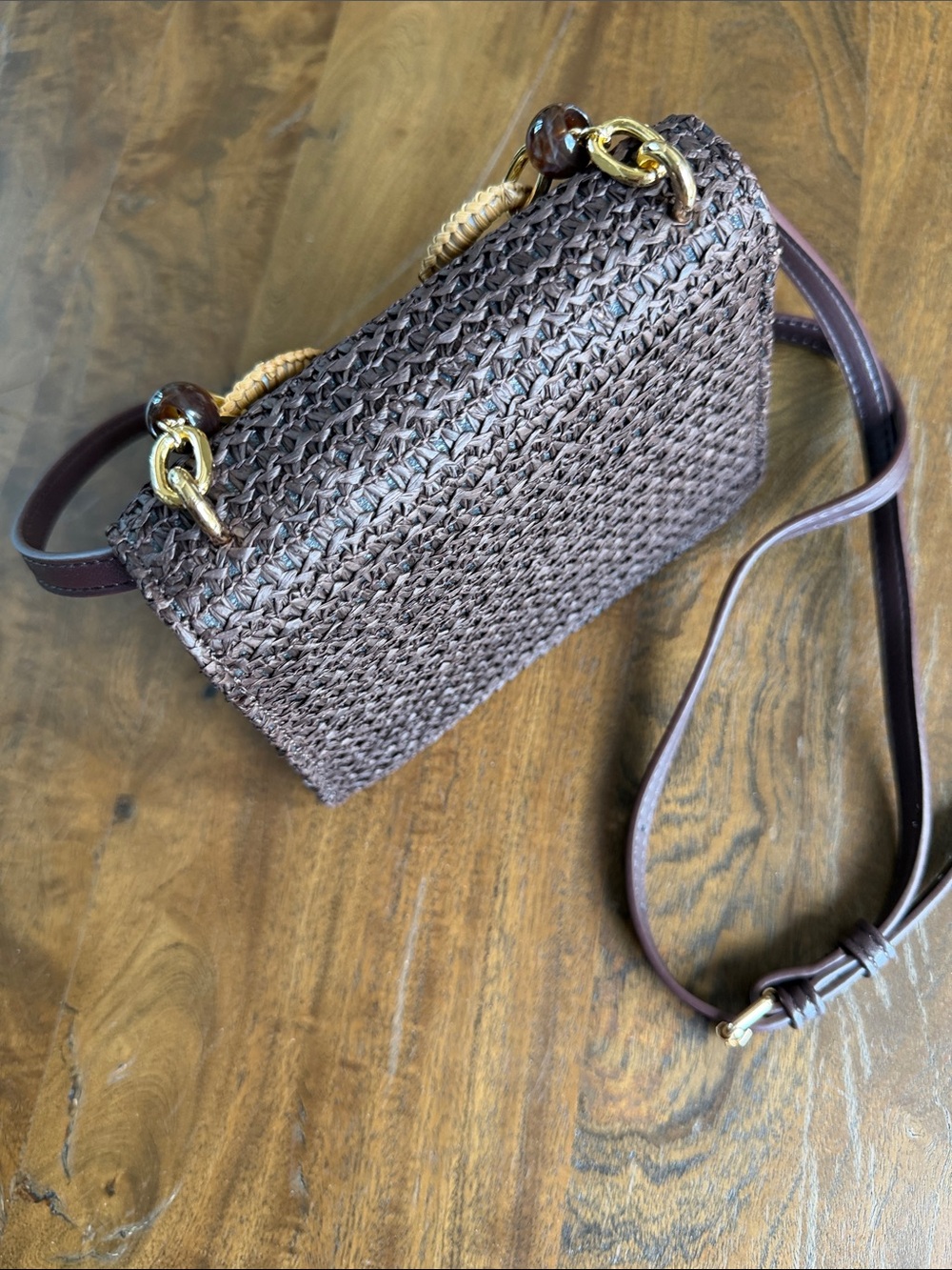 Chocolate Brown Woven Crossbody with Resin Top Handle Gold Hardware - Picture 9 of 14